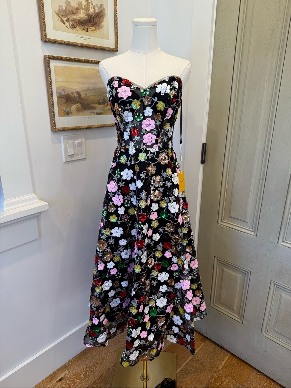 Strapless Black Floral Embroidered Midi Dress